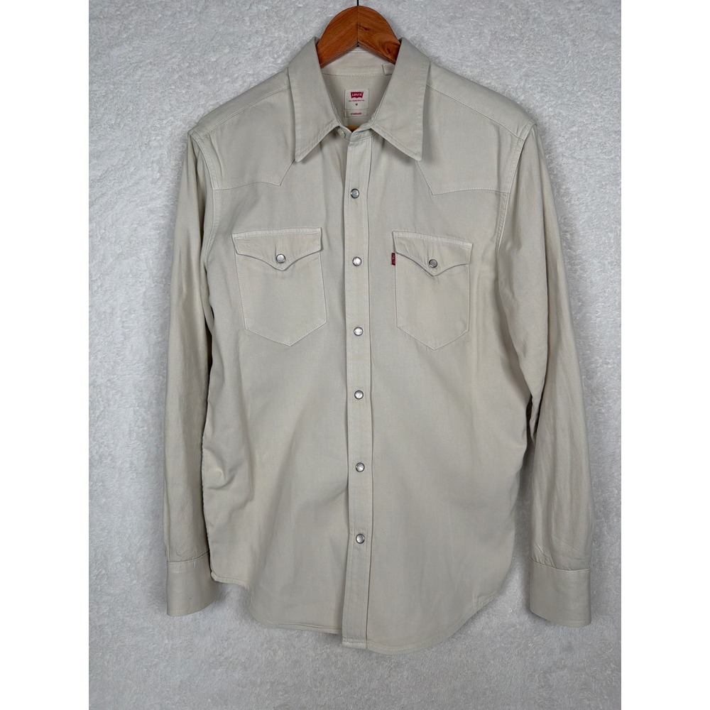Levi's Western Shirt Mens M Beige Standard Fit Pearl Snap Twill Long Sleeve